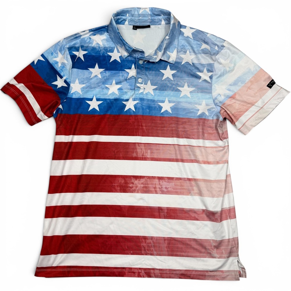 Yatta Golf Mens American Flag Polo Shirt Stars and Stripes Patriotic Red Blue L